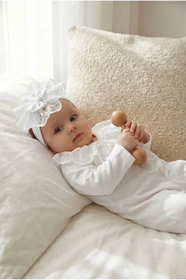 Детский комбинезон для девочек хлопковый Little Princess Cream Lace Piece Montina, Белый — фото 2