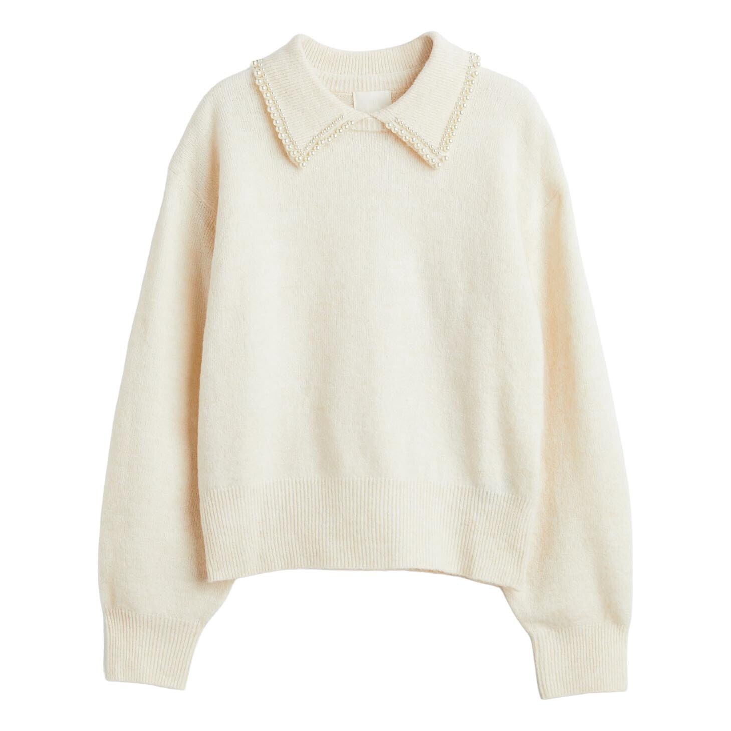 

Пуловер H&M Beaded-collar, кремовый, Бежевый, Пуловер H&M Beaded-collar, кремовый