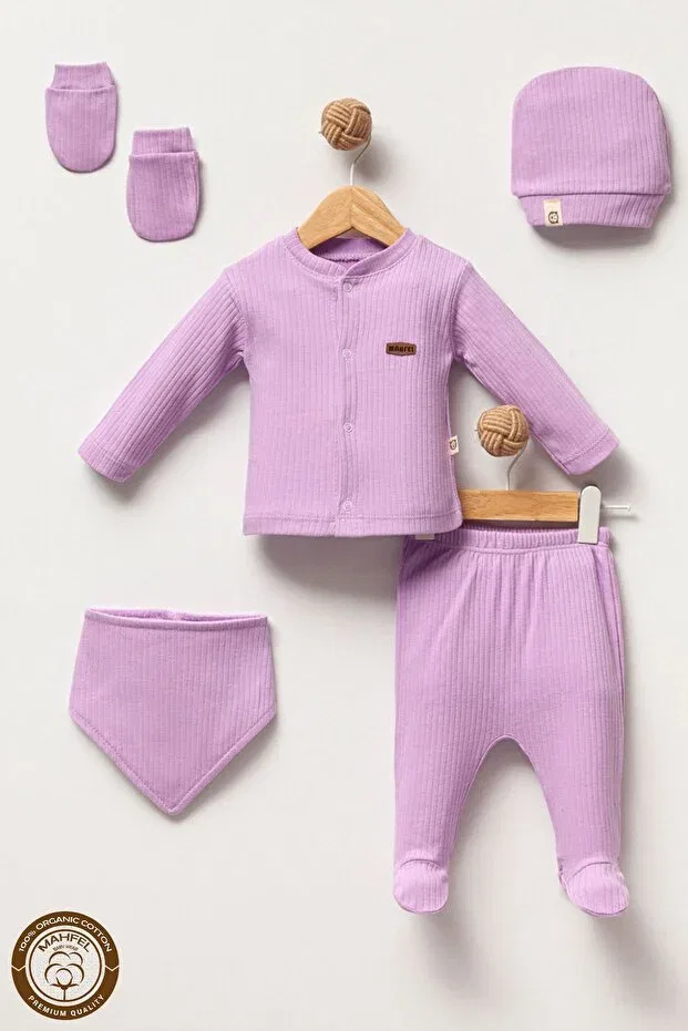 Детский комплект для выписки из роддома хлопковый Lavender garden lilac 5-piece newborn baby hospital discharge set Mahfel, Lilac — фото 4