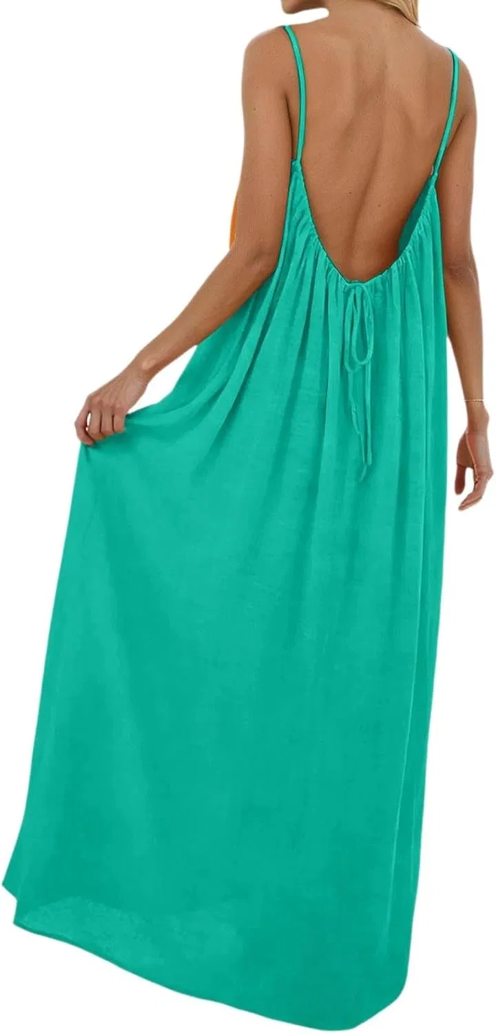 Женское летнее платье макси без спины с завязками, Mint Green