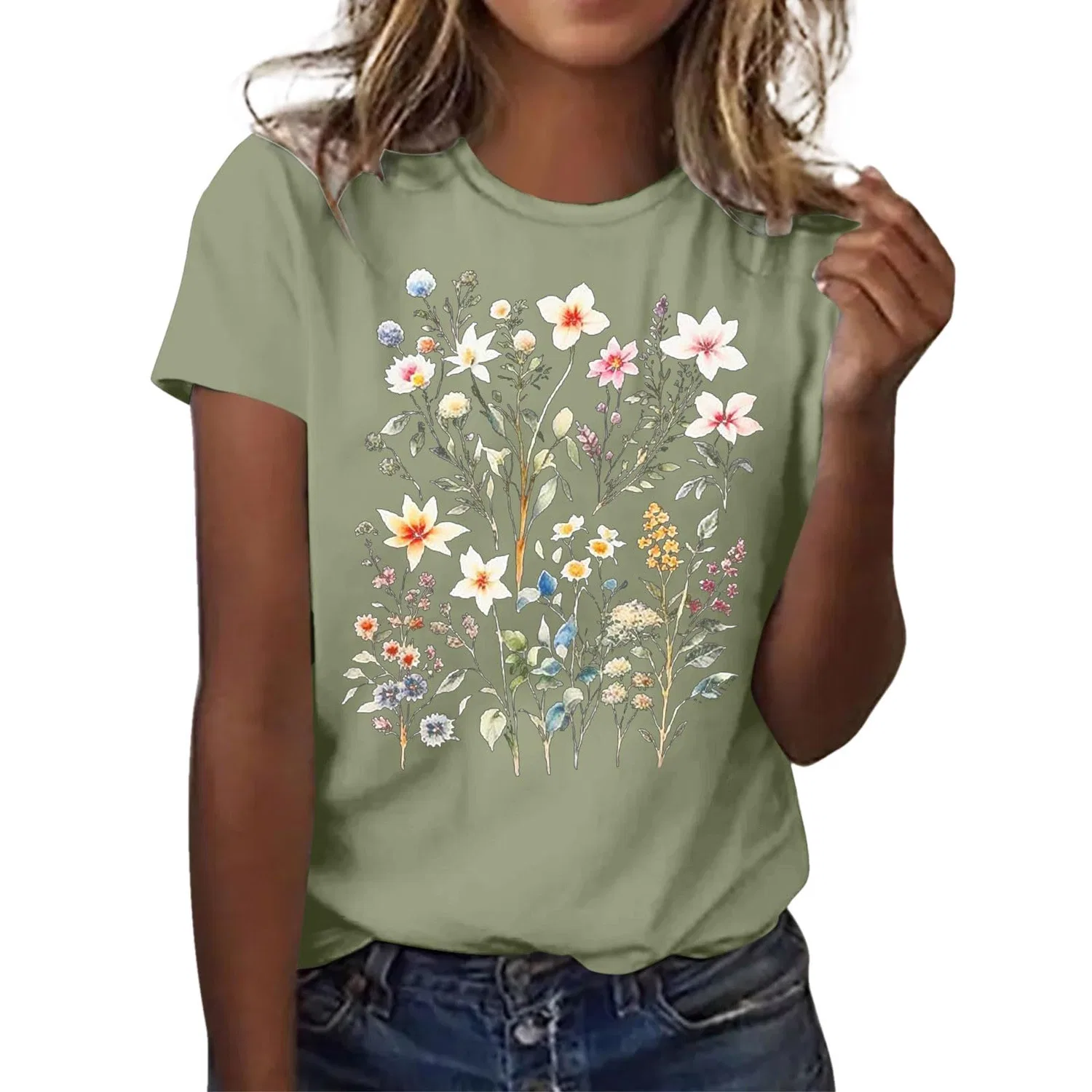 Женская футболка с принтом Girls Graphic Satin Blouses Loose Tops Plus Size Summer Sunflower Women's Basic Cotton Top, 2-green