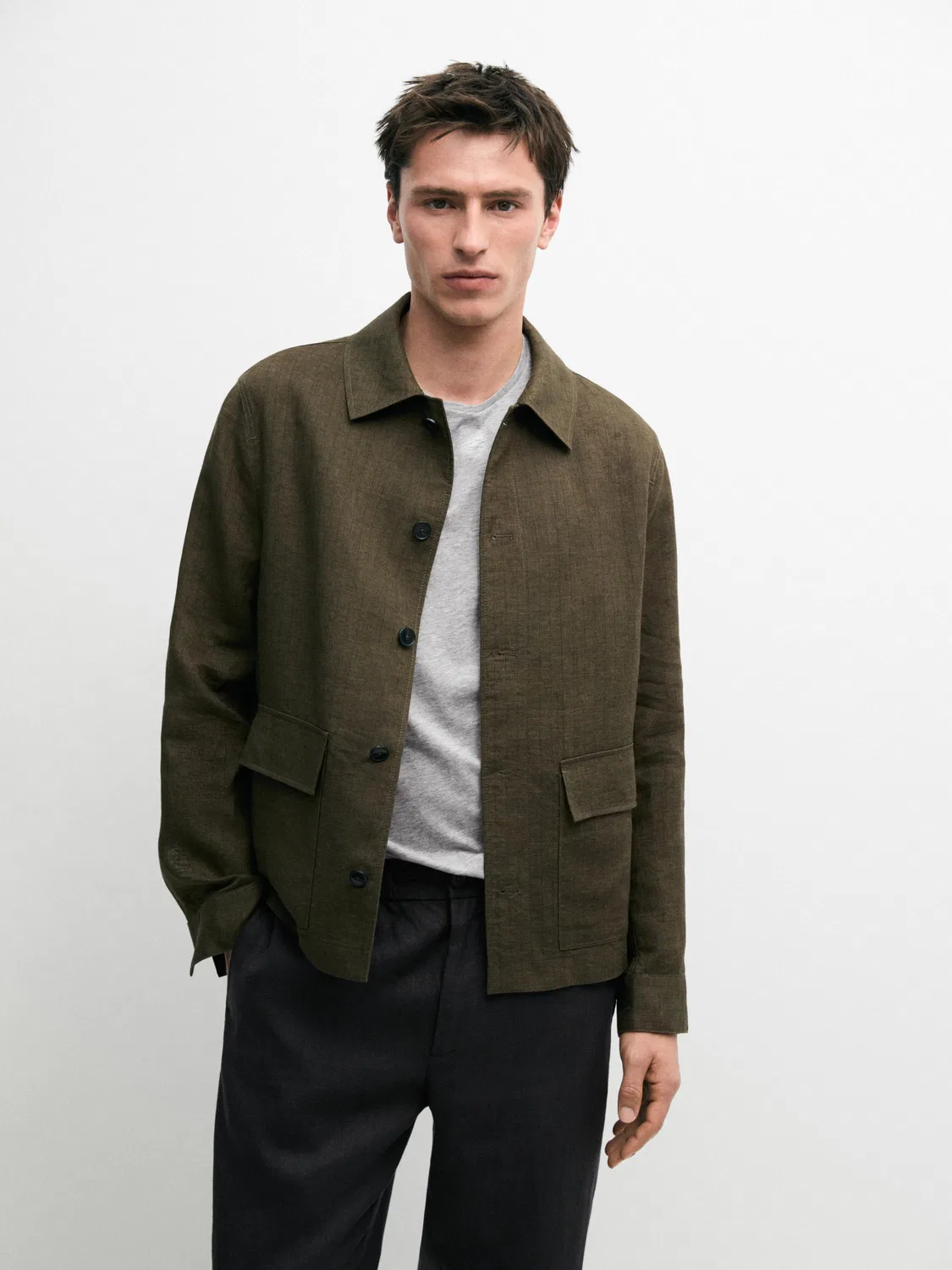 Рубашка-Куртка из 100% льна с карманами и полосатой отделкой Massimo Dutti, зеленый — фото 2
