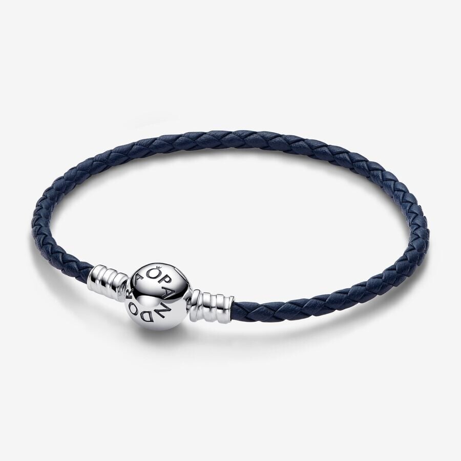 

Браслет Pandora Moments Round Clasp Blue Braided Leather, серебро/кожа/синий