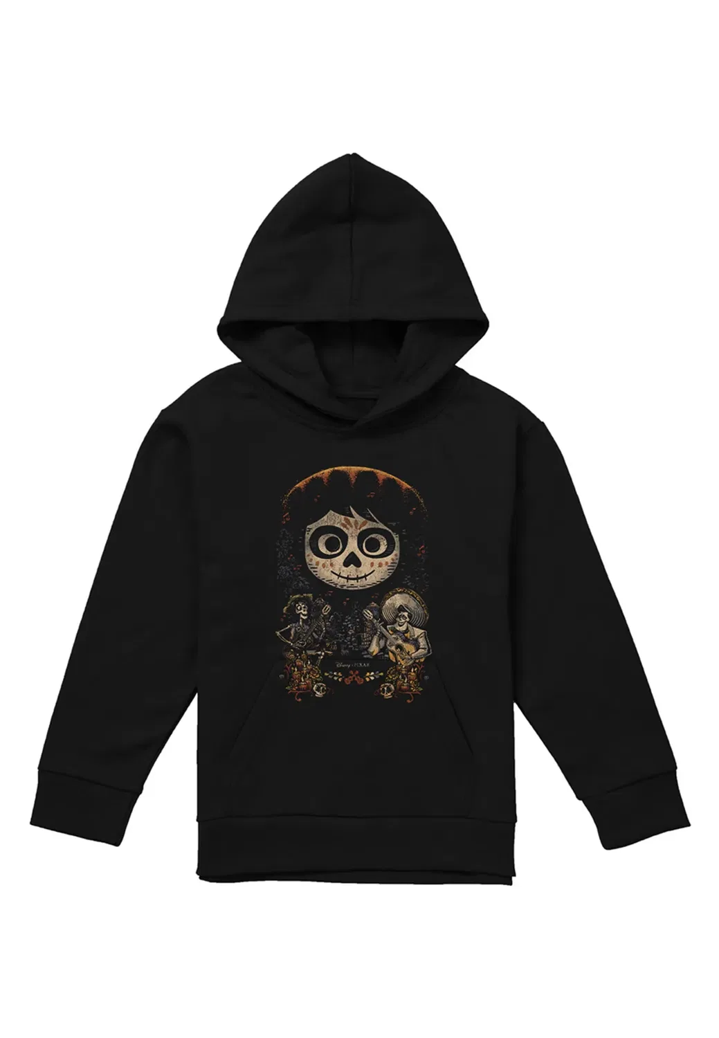 Детский худи с принтом Coco painted poster с Miguel Skull, Hector и Ernesto Disney, Black — фото 4