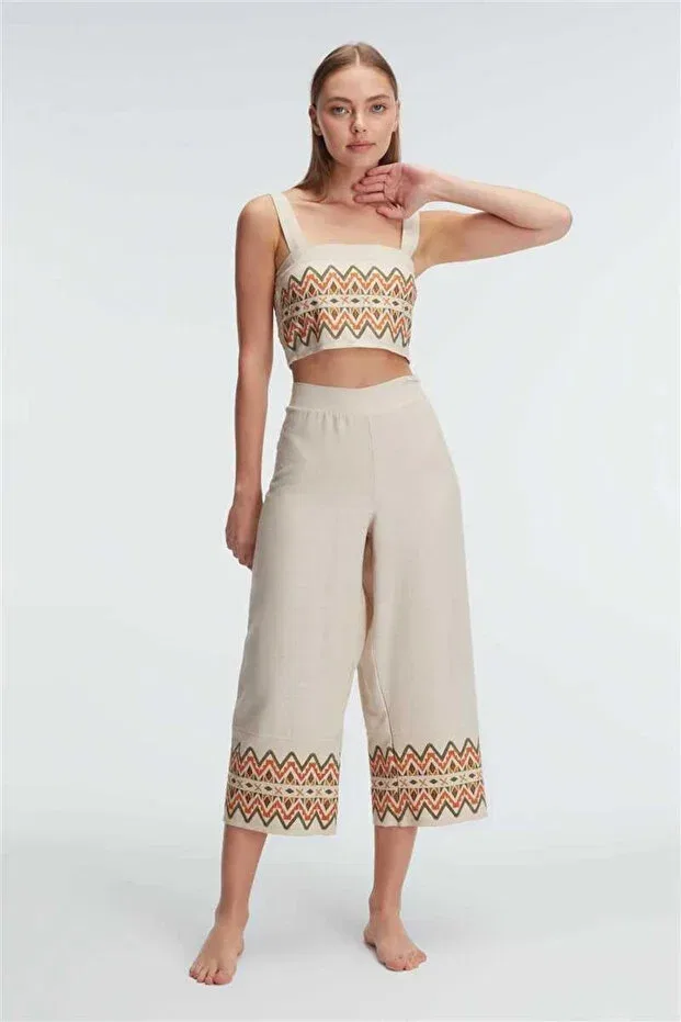 Детский комплект пижам с геометрическим принтом Herşetrend strappy hollow out u-neck geometric summer long embroidery detailed pajama set Generic Brands, Nude Color