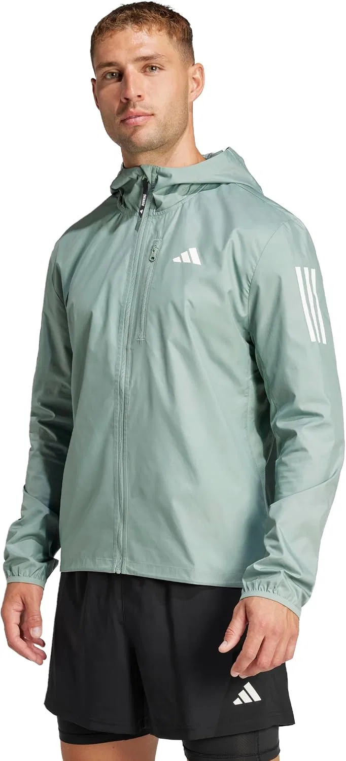 Мужская ветрозащитная куртка для бега Own The Run, adidas, серебристый/зелёный — фото 2