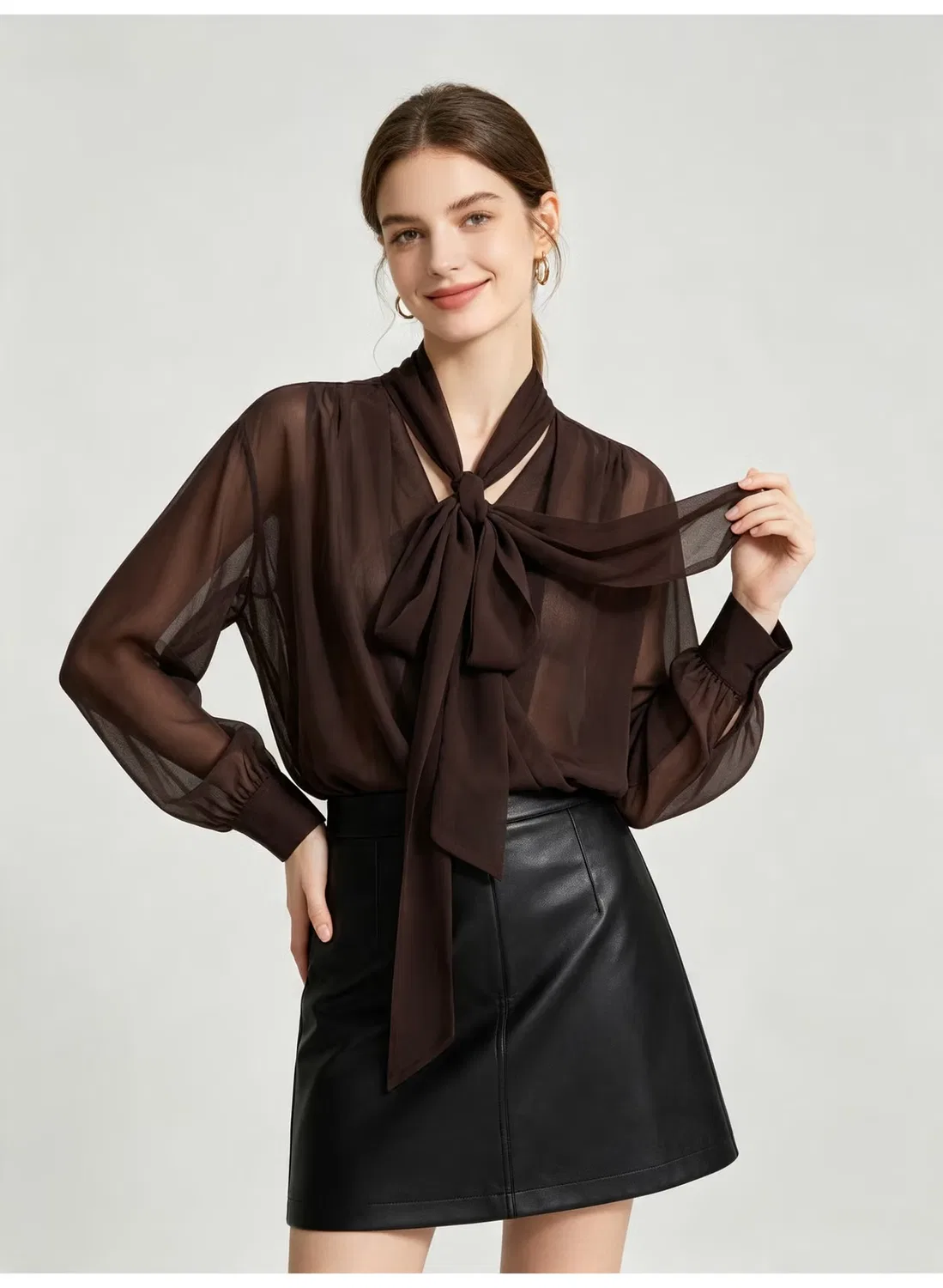 Блузка с бантом на шее Zara, коричневый — фото 4