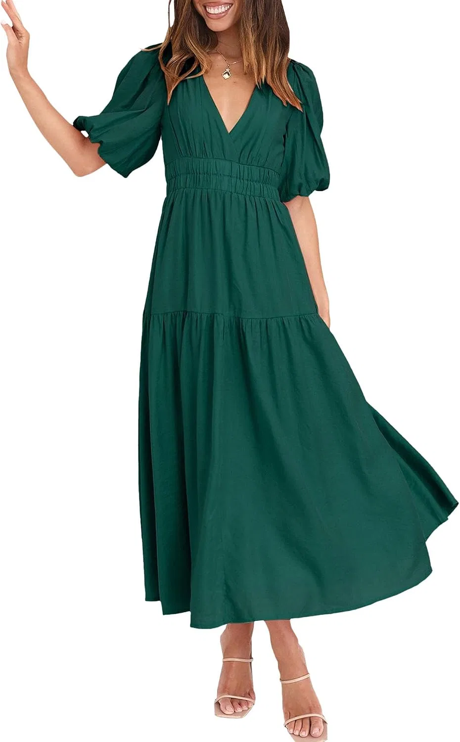 Женское летнее платье миди с пышными рукавами A-силуэта, Dark Green