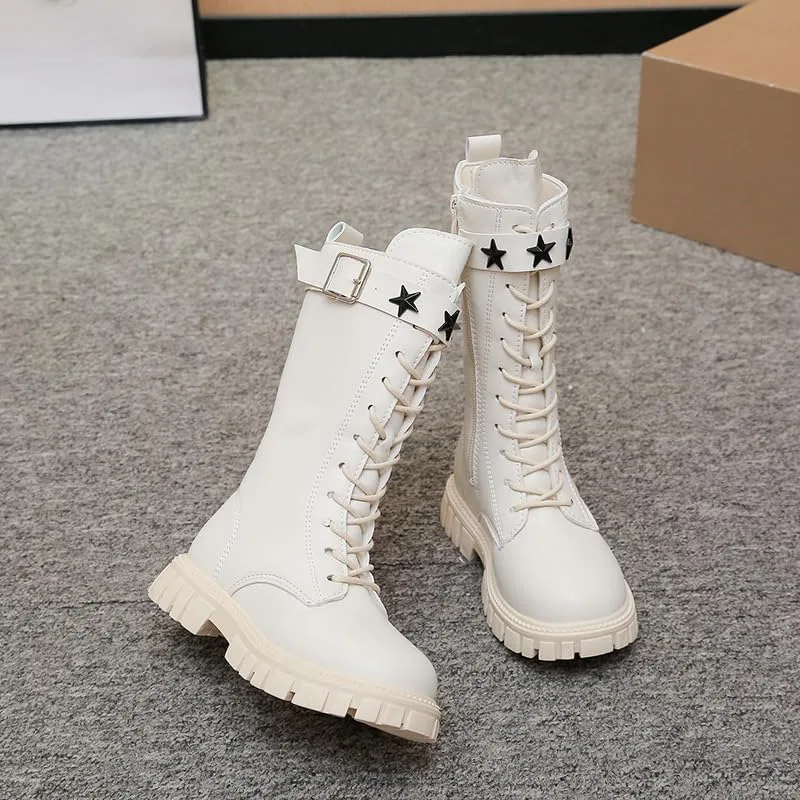 Детские ботинки для девочек с принтом, модель Girls White Combat Boots, White Stars — фото 3