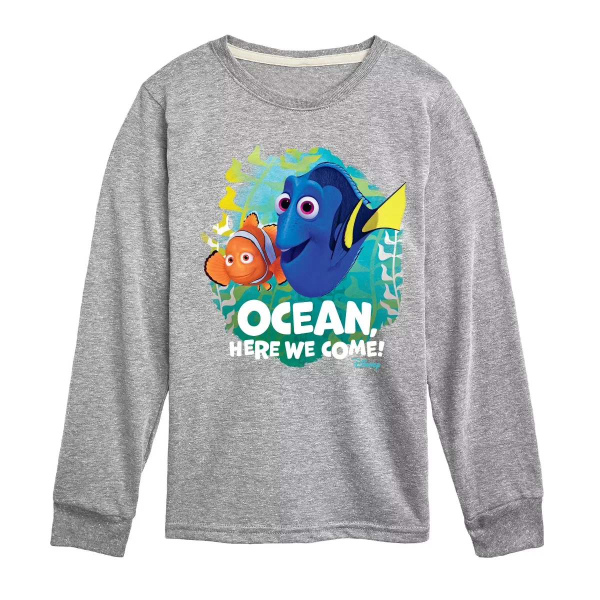 Детская футболка с длинным рукавом с принтом Ocean Here We Come Disney, Athletic Heather