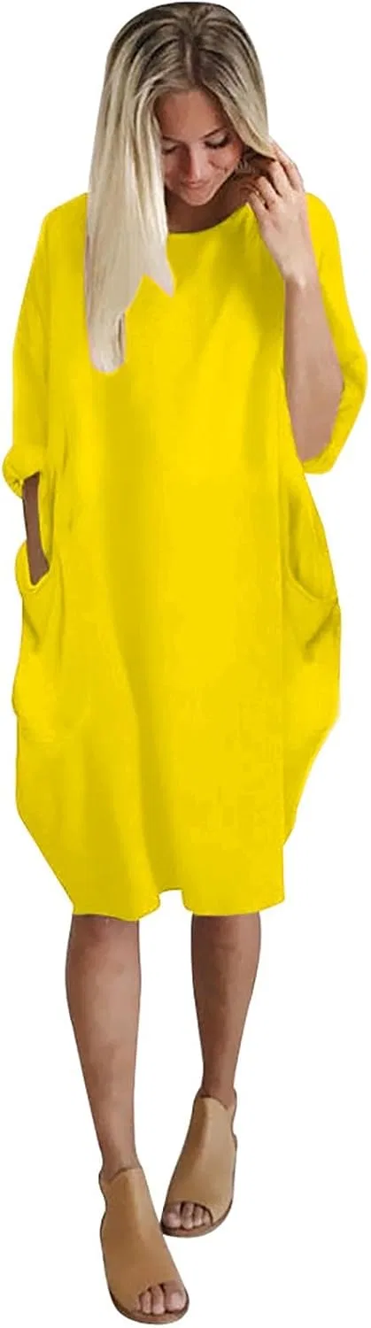 Женское свободное платье с карманами Generic, Yellow