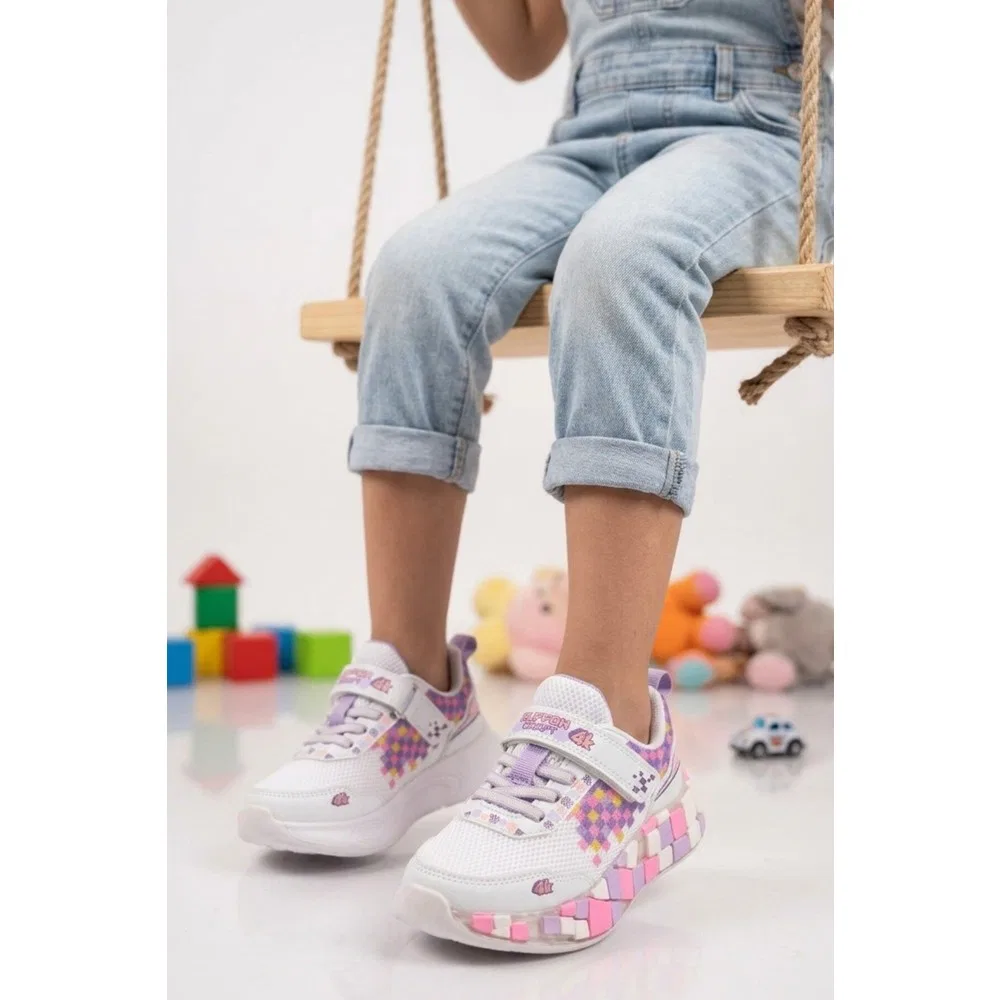 Детские спортивные кроссовки для девочек с подсветкой и липучками, White Purple Lilac Ruffon