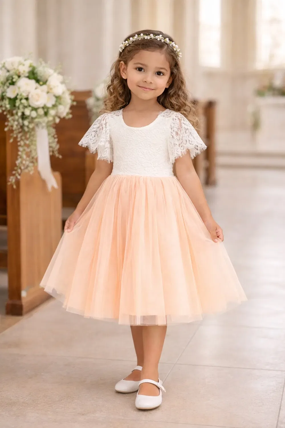 Богемное платье с воланами Бохо Flutter Uk Flower Girl Boutique, Peach