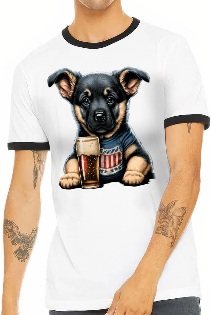 Женская футболка с принтом Beer Puppy Ringer, White/Black