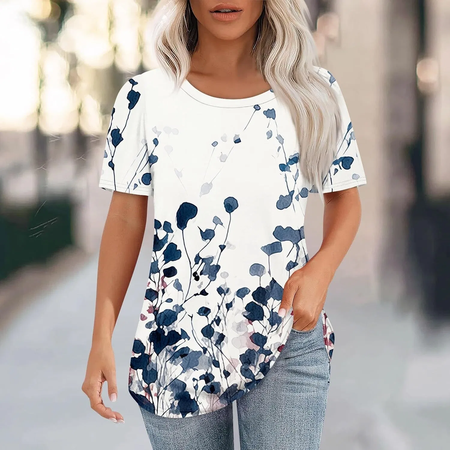 Женская футболка с цветочным принтом, Short Sleeve Crew Neck, Blue — фото 2