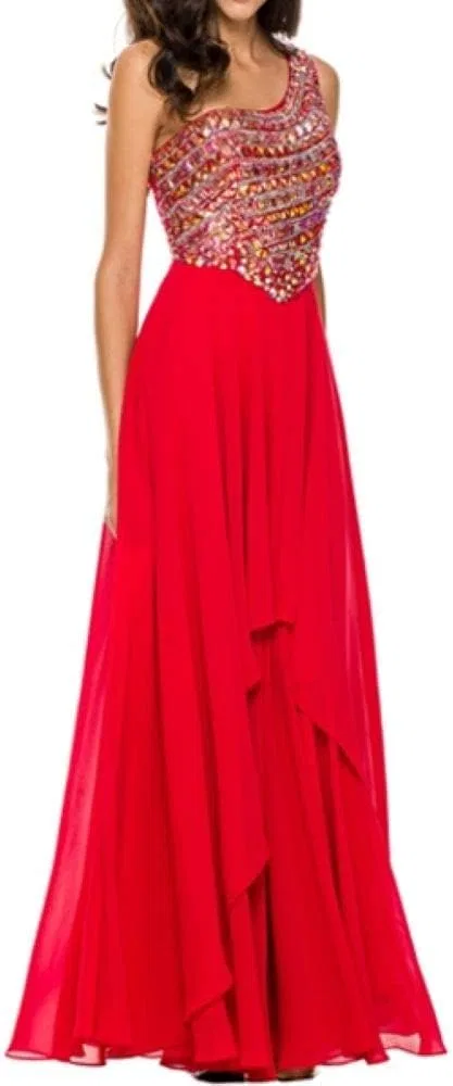 Женское вечернее платье макси A-silhouette с камнями One Shoulder, Red