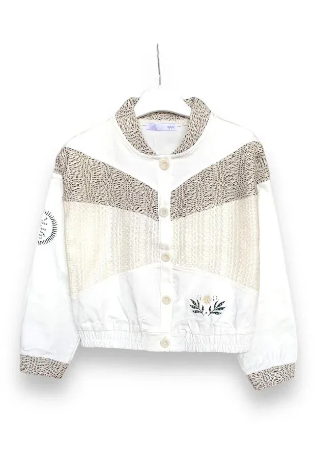 Детский джинсовое джакет для девочек с принтом Girl'S Ecru Colored Mesh Detailed Relaxed Jacket Little Tortoise, Multicolor — фото 2