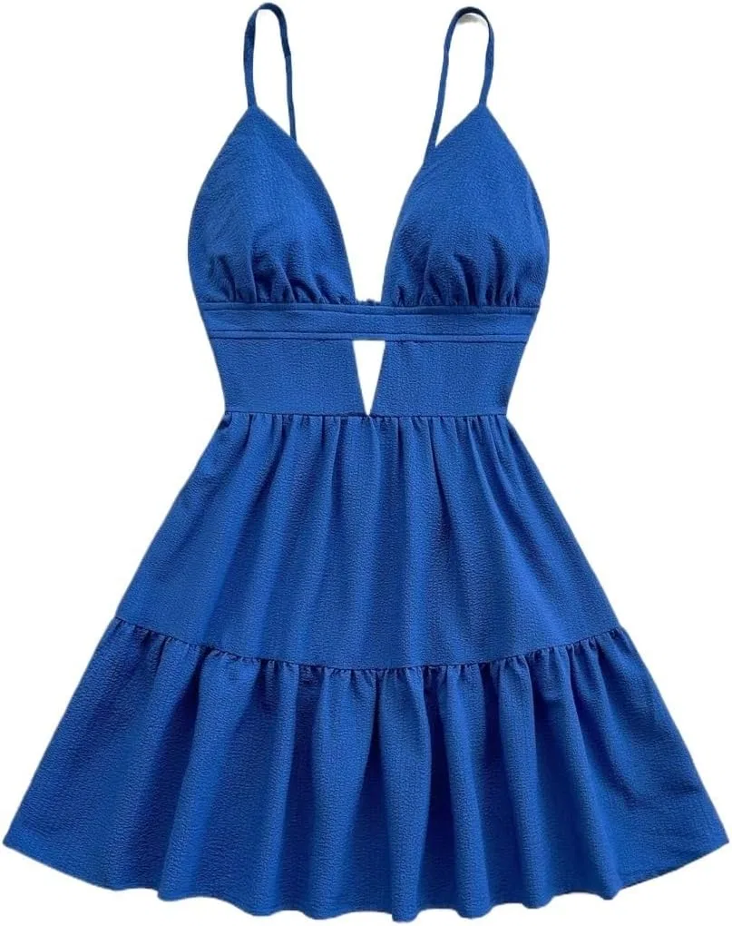Женское мини-платье на бретелях с открытой спиной, V-образным вырезом, Royal Blue