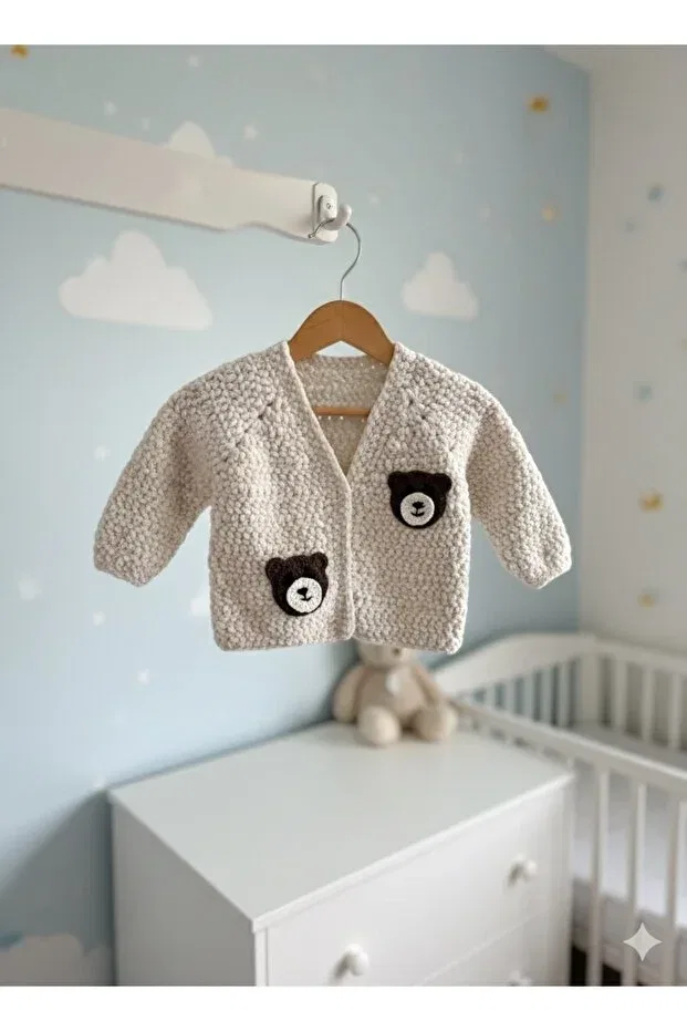 Детский кардиган для мальчиков без карманов Hand-Knitted teddy bear figure velvet cardigan By Dilek Çetin Accessory, Nude Color