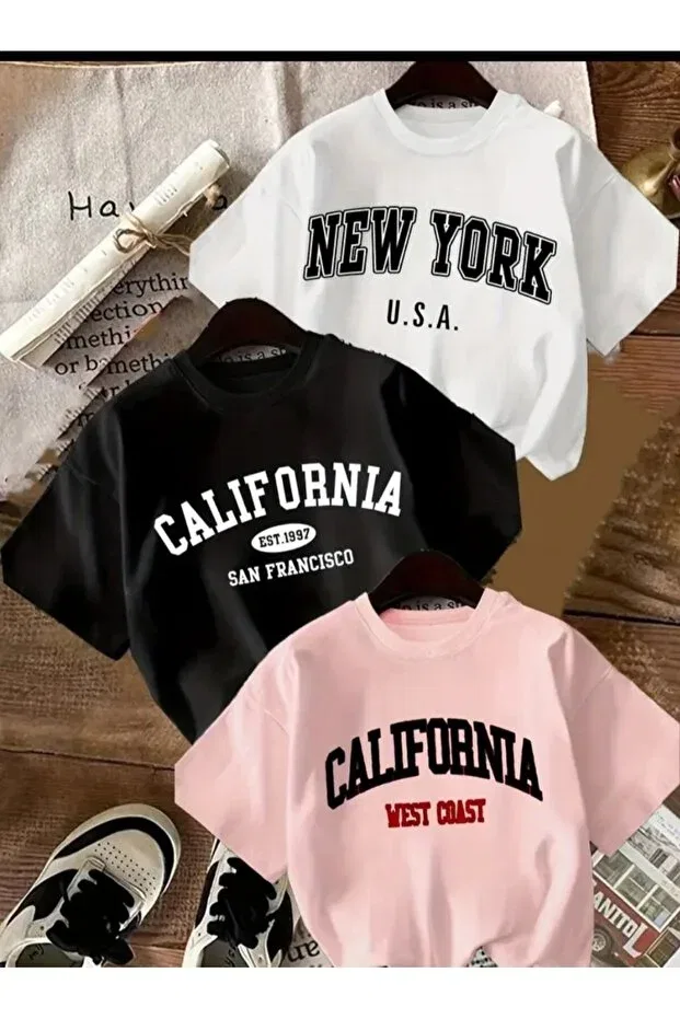 Детские футболки оверсайз с принтом 3 шт Elan Wear, Pink + Black + White