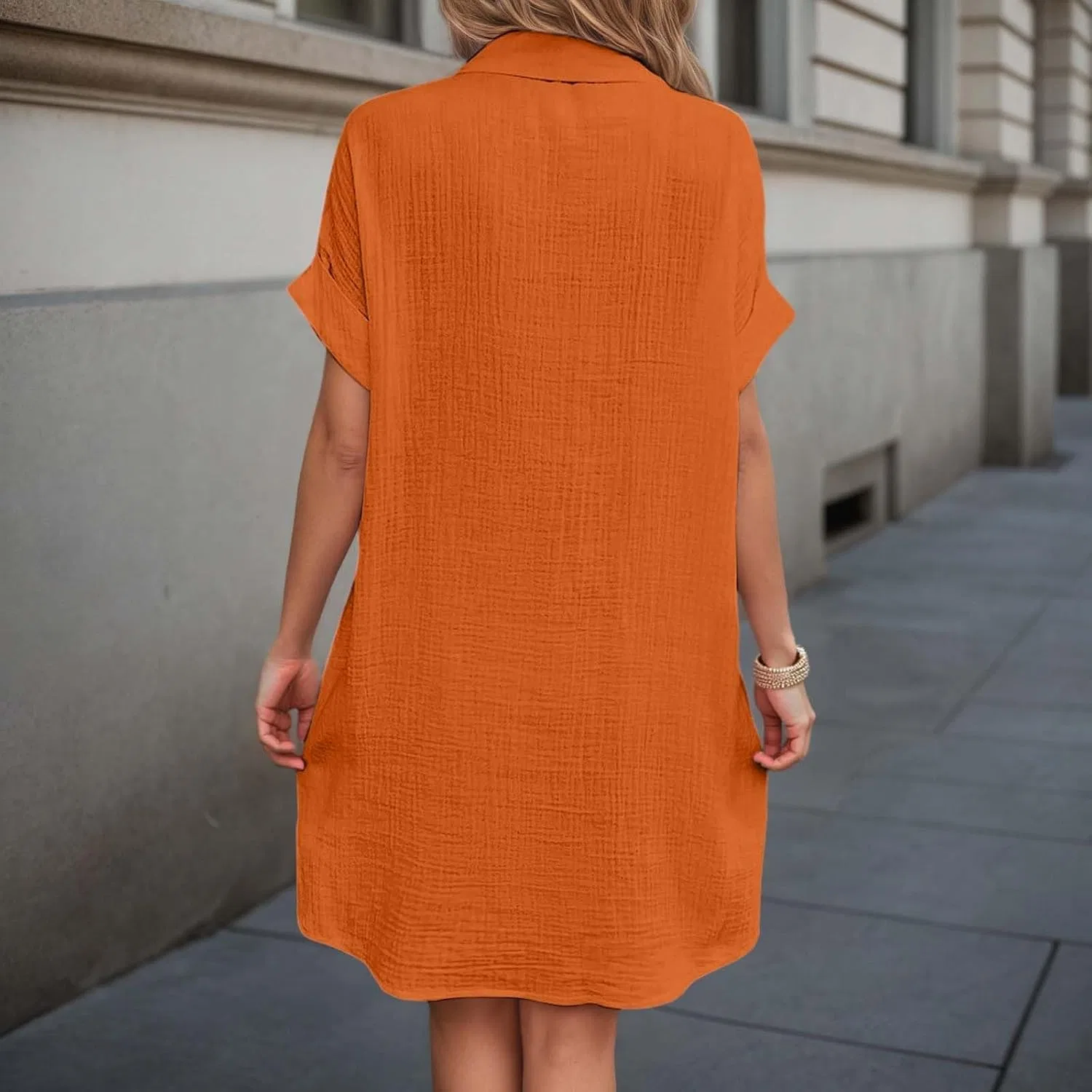 Женское платье-рубашка с коротким рукавом, V-образный вырез, C-orange — фото 3