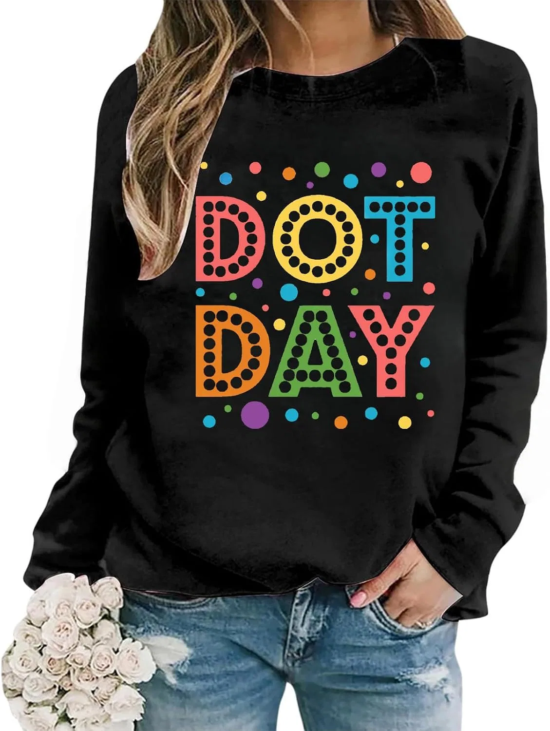 Женский свитшот с принтом Dot Day, чёрный — фото 2