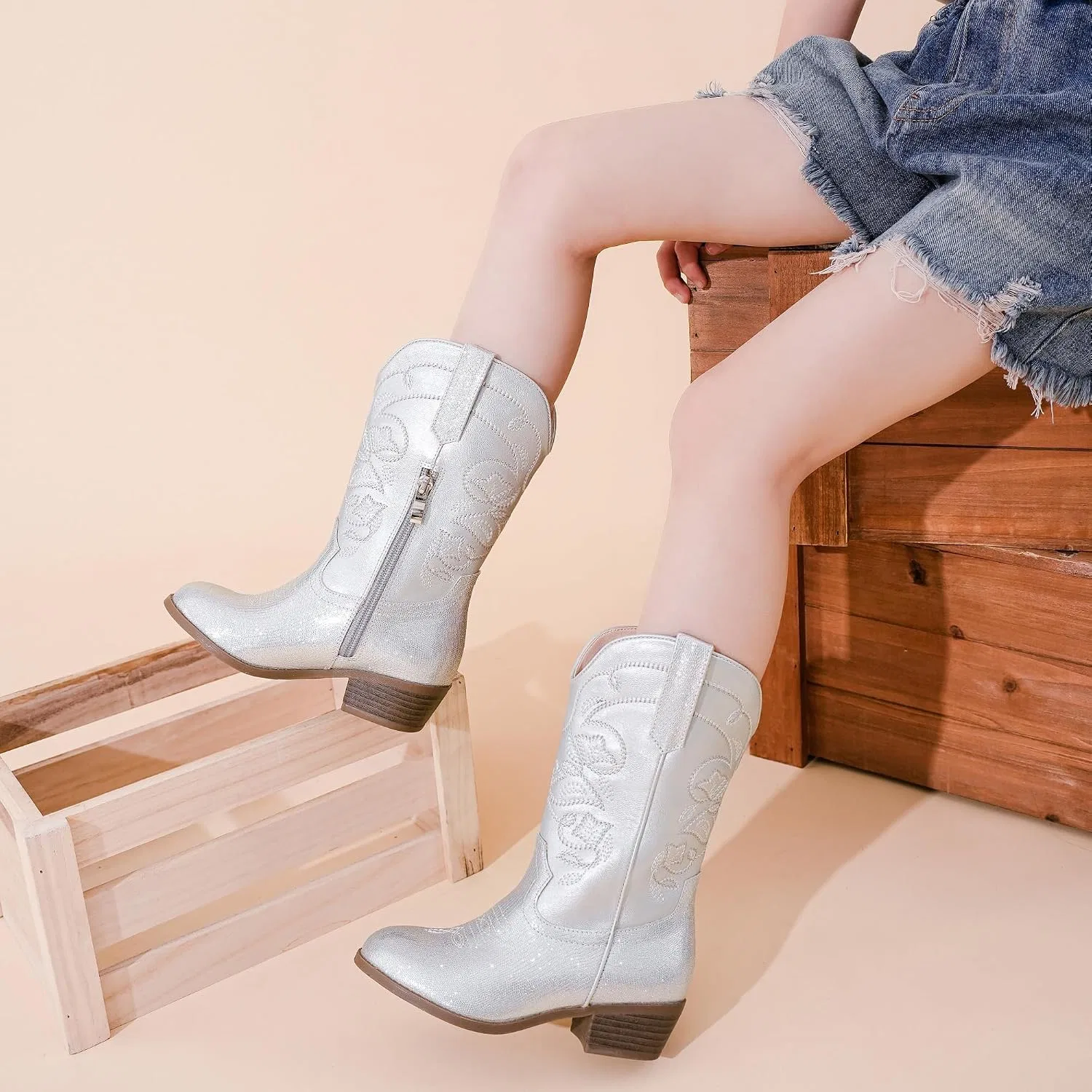 Детские сапоги для девочек с вышивкой Cowgirl Boots LAURMOSA, Silver — фото 2