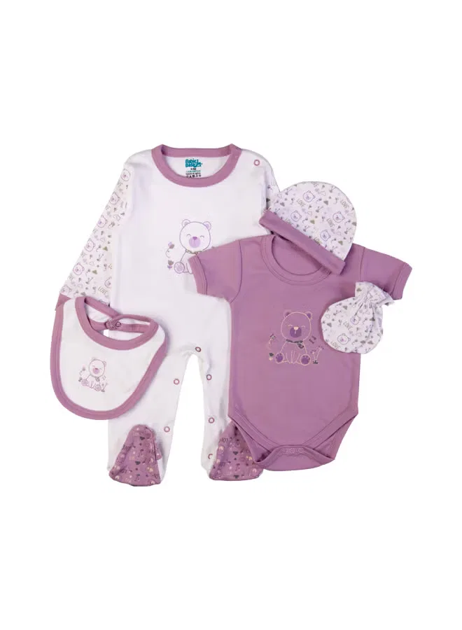 Комплект из 5 предметов хлопковый с медвежонком Babies Basic, темно-лиловый — фото 2