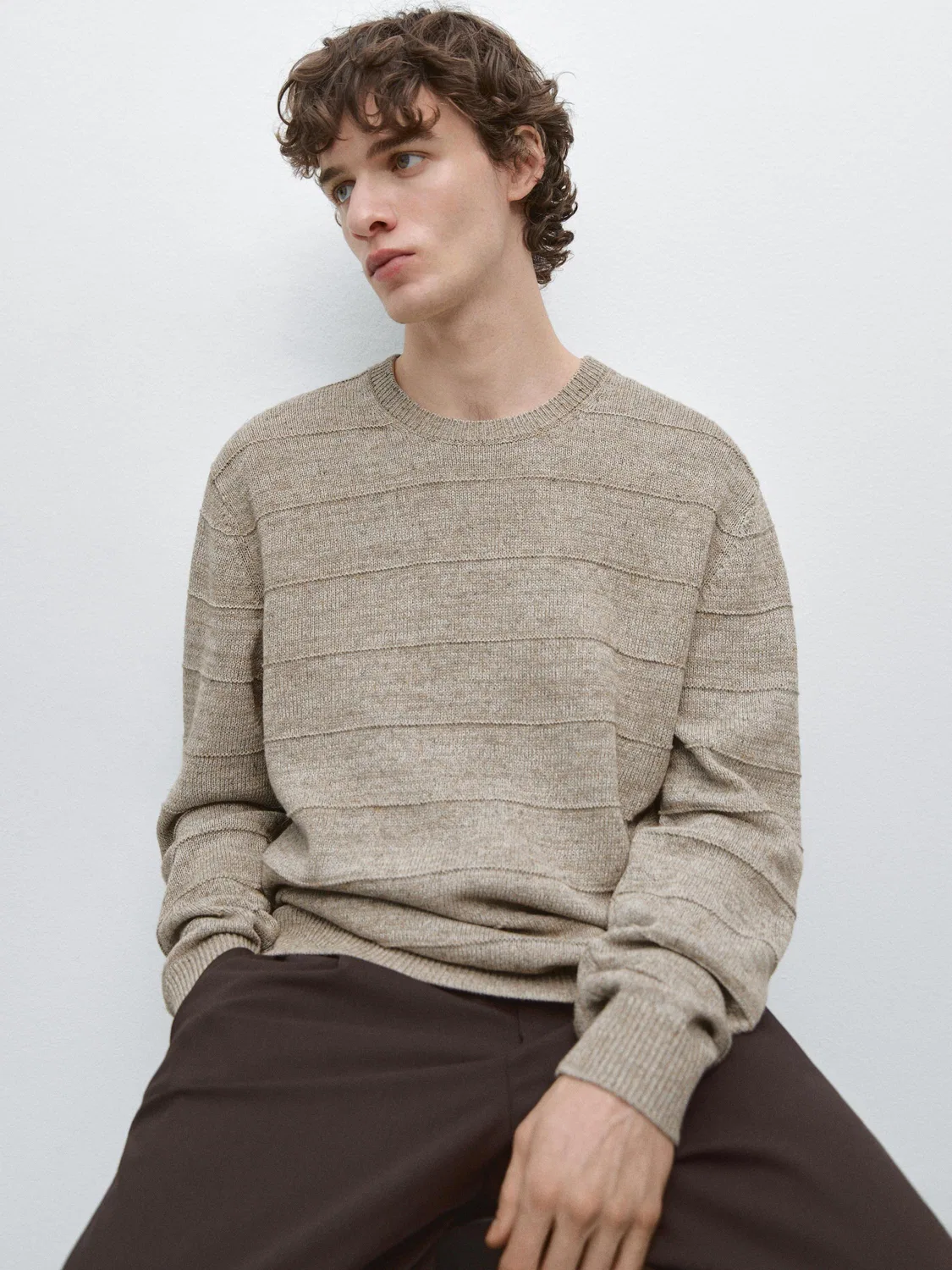 Вязаный свитер в полоску с круглым вырезом Massimo Dutti, Mink — фото 4