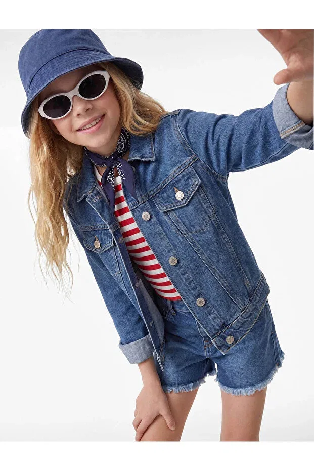 Детские шорты для девочек хлопковые Tasseled cuffed cotton jean indigo girls' shorts 6skg40043ad Koton, Middle Indigo — фото 2