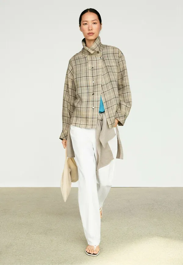 Куртка из льна с рисунком в клетку Light jacket Massimo Dutti, бежевый — фото 3