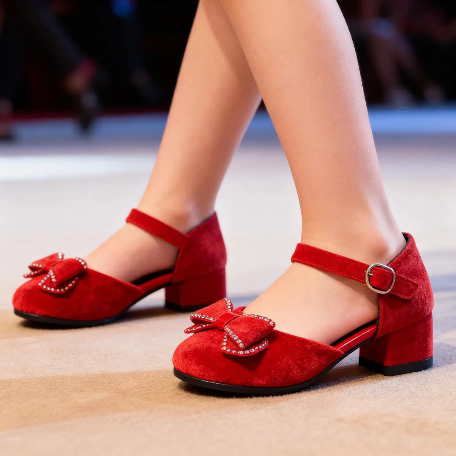 Детские туфли для девочек с бантом British-Style Elegant Cute Low Chunky Pumps Bow Fashion, Red — фото 2
