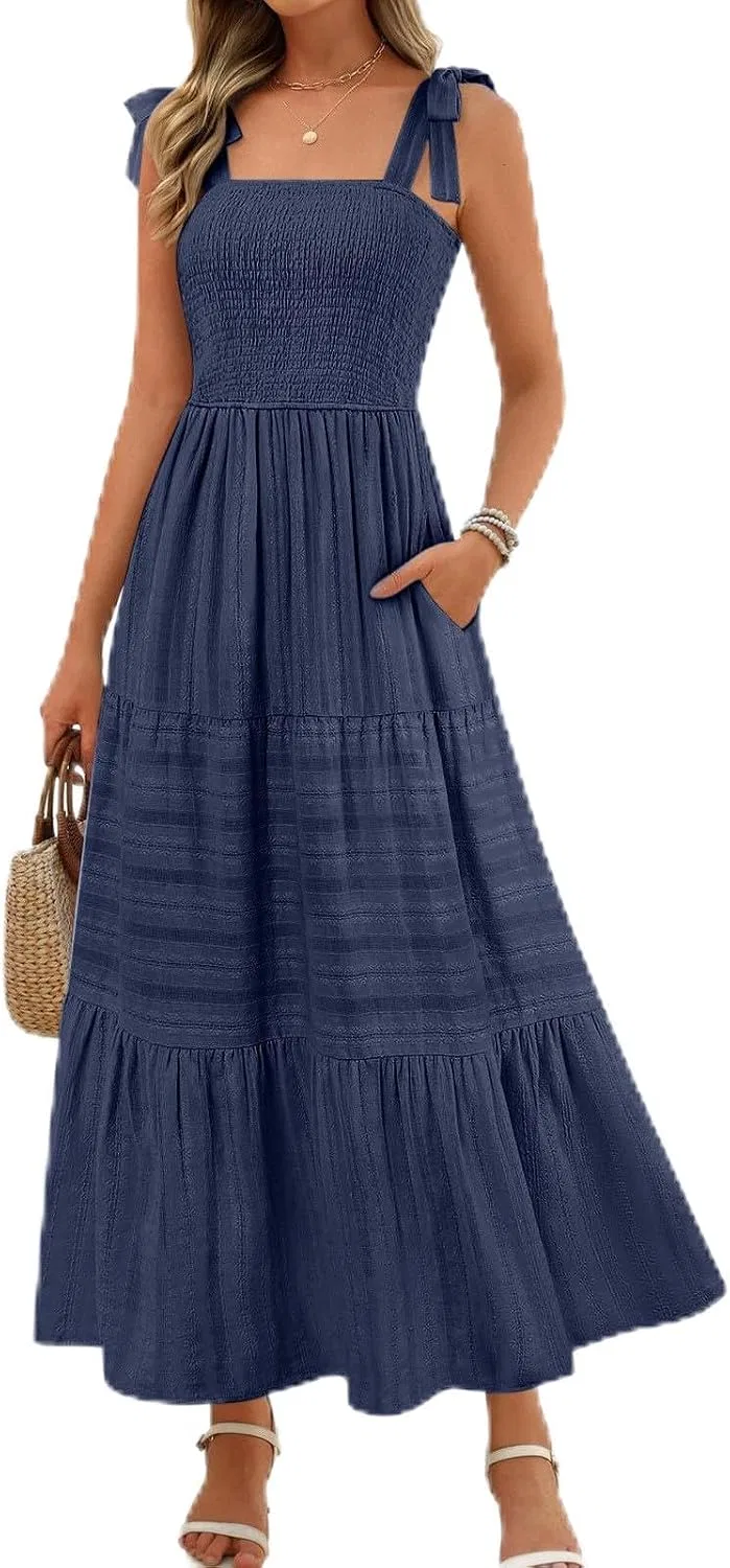 Женское платье-трапеция с кружевной шнуровкой, модель 2025 Summer Boho Maxi Dress, тёмно-синий