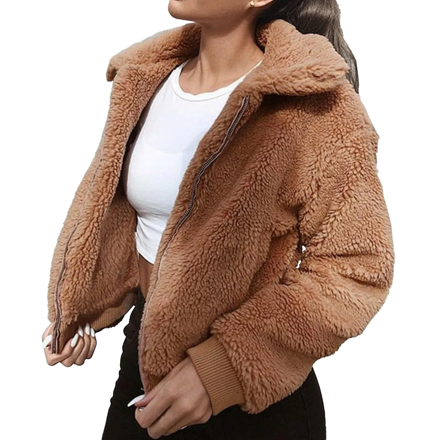 Женское зимнее пальто из искусственного меха с карманами, Camel