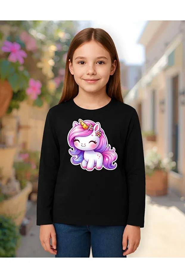 Детские свитшот для девочек с принтом Unicorn Unicorn Printed Long Sleeve Mixxi Fashion, Black — фото 2