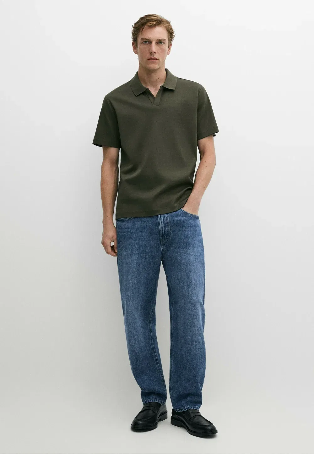 Рубашка-Поло с коротким рукавом и V-образным вырезом - рубашка-поло Massimo Dutti, Dark Green — фото 2