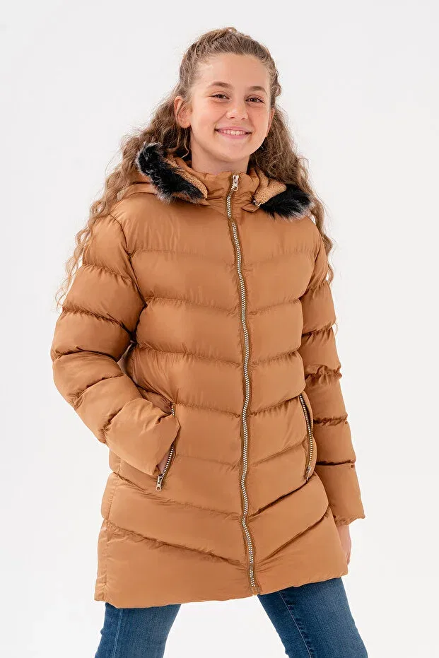 Детское пальто для девочек с капюшоном Basics Vodens, Camel — фото 2