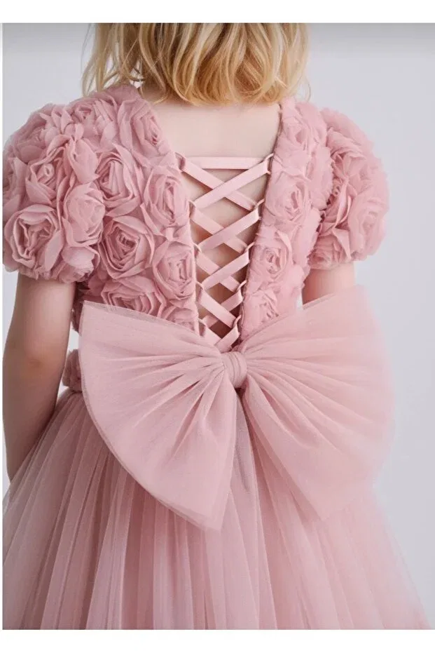 Детское платье для девочек кружевное Rose embossed girl's special occasion dress Perinin Dolabı, Pink — фото 3