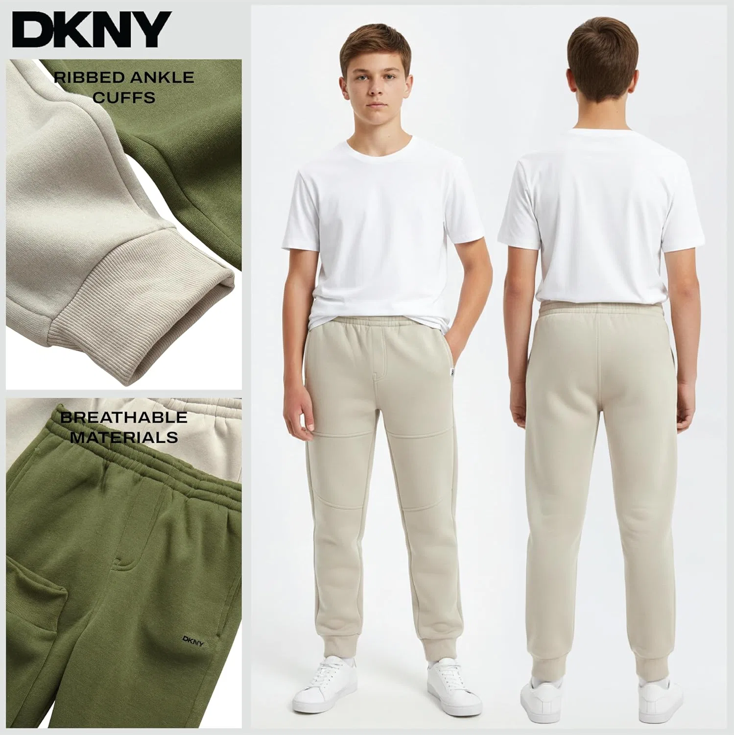 Спортивные штаны DKNY для мальчиков - комплект из 2 штук, из мягкого флиса, с эластичным поясом и карманами, Olive/Stone — фото 3