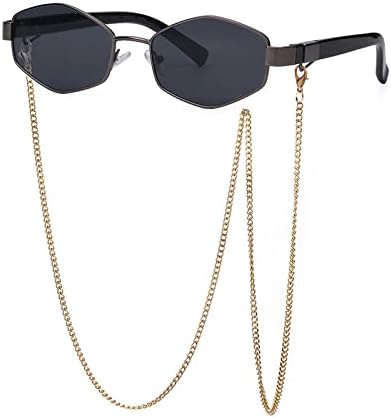 

Солнцезащитные очки в стиле ретро с шестиугольными линзами и цепочкой для женщин. Уникальные многоугольные солнцезащитные очки для женщин в маленькой оправе MTZJH, Gun Black