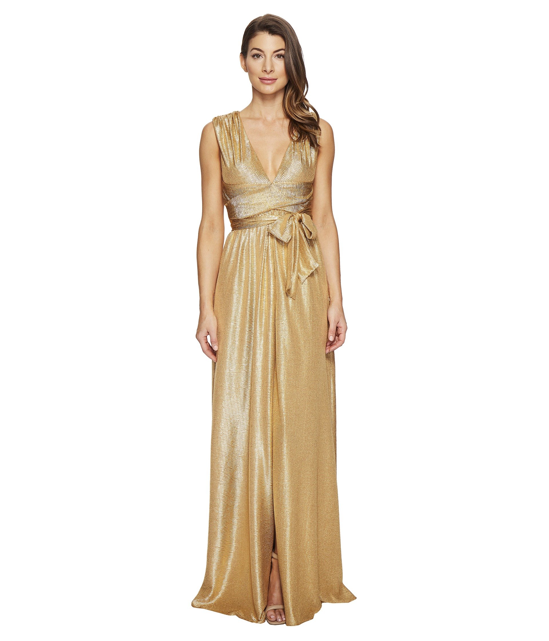 

Платье Halston Sleeveless V-Neck Jersey Gown W/ Wrap Tie & Front Slit, Copper