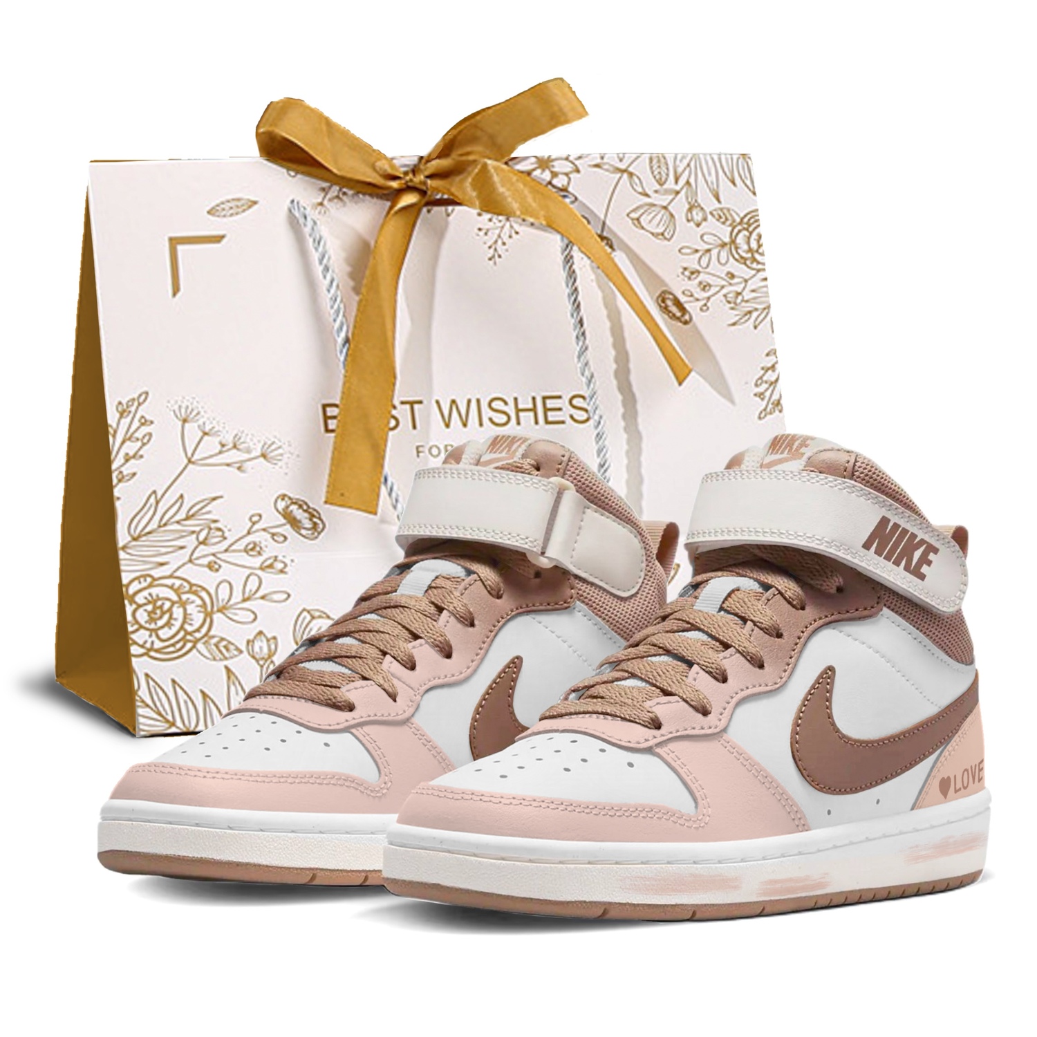 

Nike Court Borough Peach Pink нескользящие устойчивые к истиранию высокие детские скейтбординг кроссовки Pink