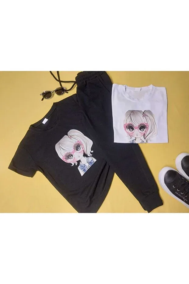Детский комплект из футболки и спортивных штанов с принтом Glasses girl Yağtu Collection, Black And White