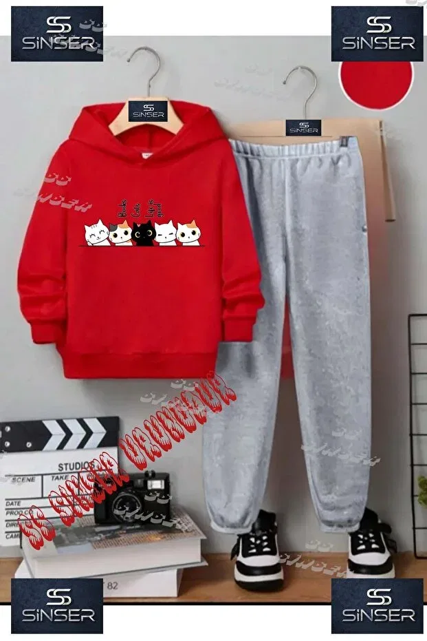 Детский комплект спортивного костюма для девочек с принтом Cat 5-Piece Written Top Ss Sinser, Red - Gray