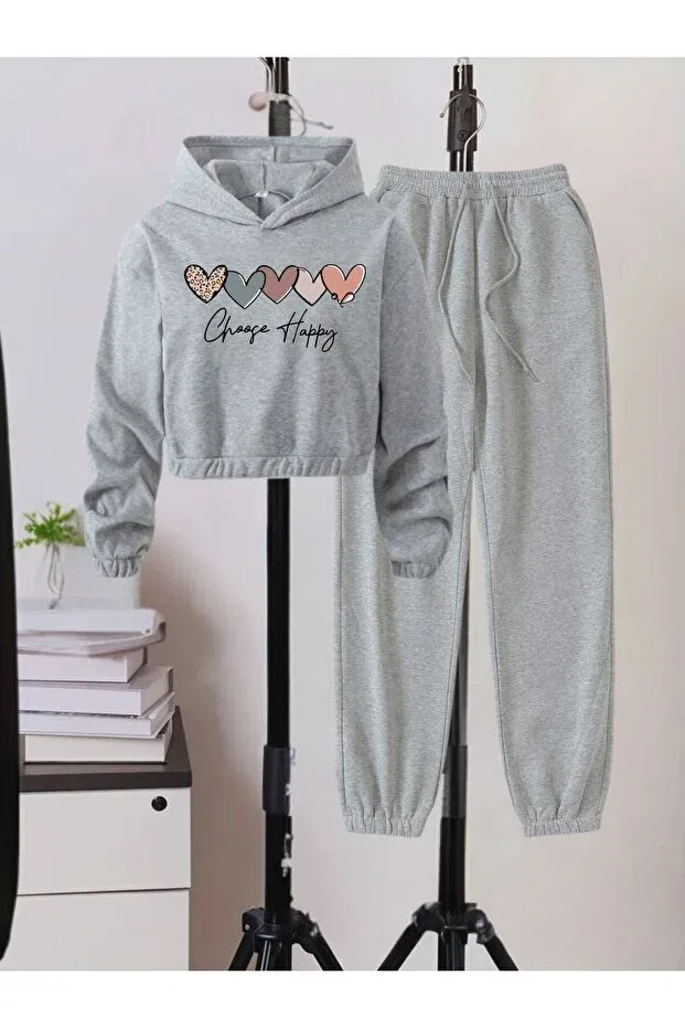 Детский комплект для девочек с принтом Colorful Heart Printed Hooded Crop Sweat&Elastic Bottom Armicem, Gray