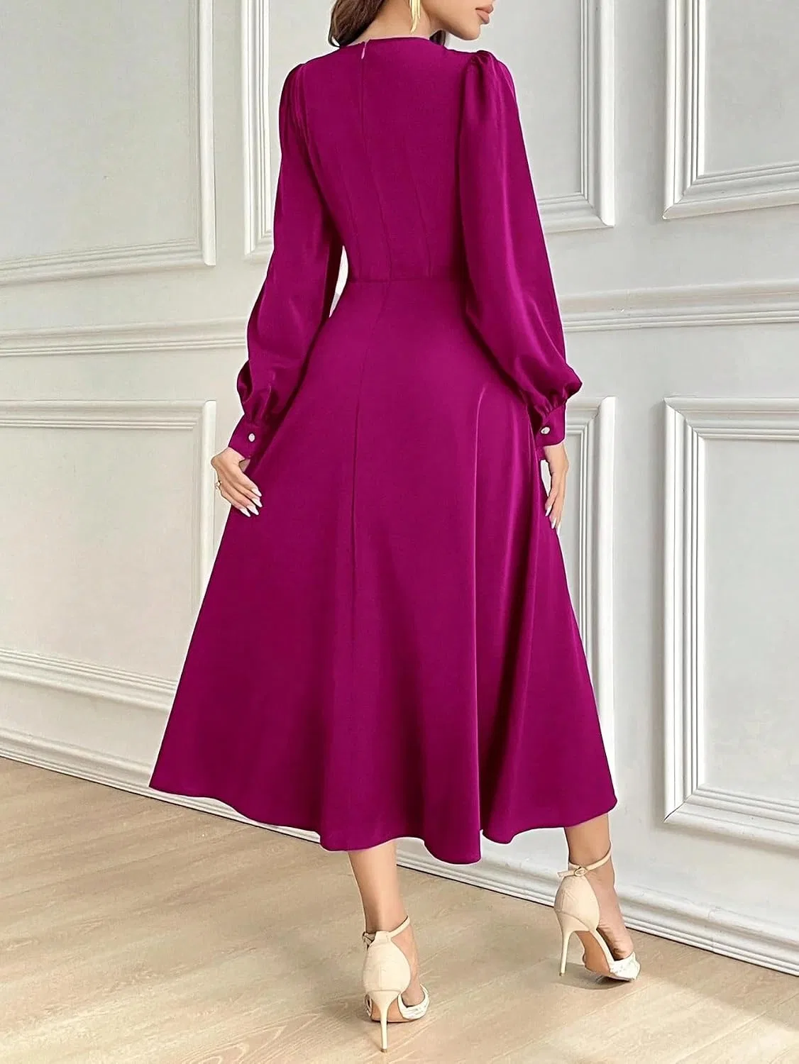 Женское повседневное платье A-силуэта с длинным рукавом, Hot Pink — фото 2