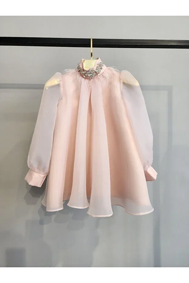 Детское платье для девочек с длинным рукавом Powder Pink Organza-Covered Feathered Collar Dress Scstil, Powder