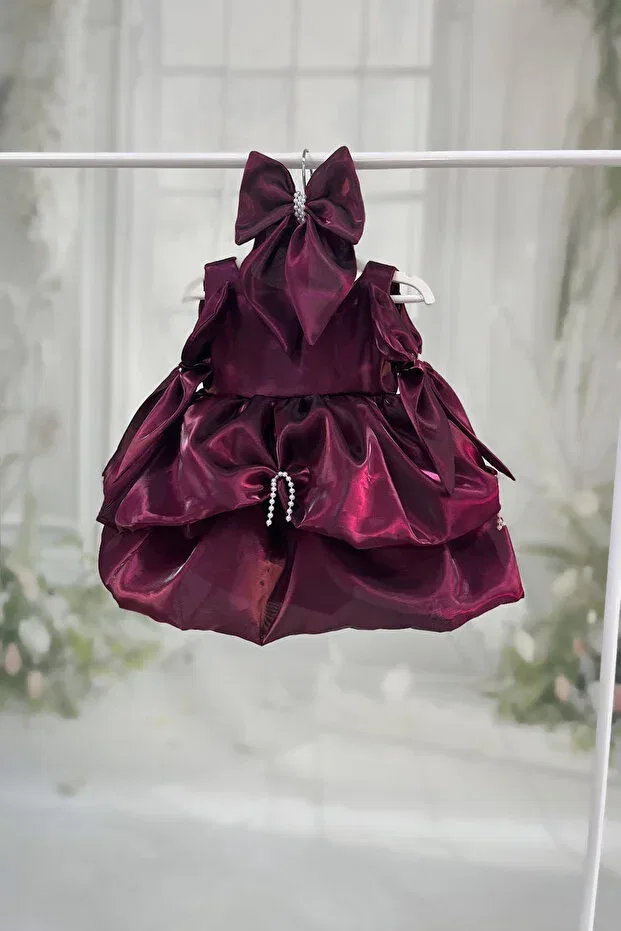Детское платье для девочек с принтом Balloon skirt plum pearl detailed bow evening dress Bertuğ Bebek, Purple
