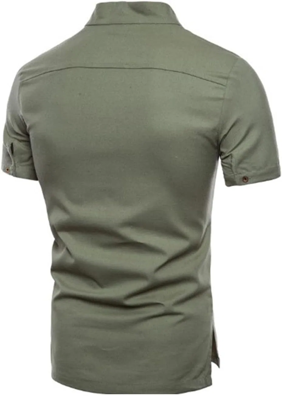 Мужская футболка-поло с воротником-стойкой из имитации хлопкового льна, Army Green — фото 2