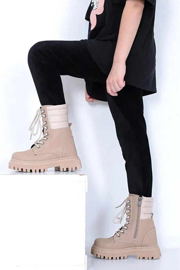 Детские ботинки для девочек на шнуровке Parachute detailed zippered beige girl's boots lace-up Raynok, Beige — фото 3